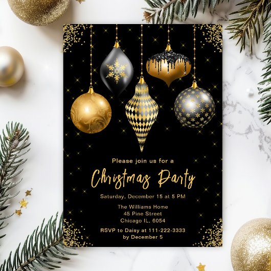 Black and Gold Ornaments Christmas Party Einladung