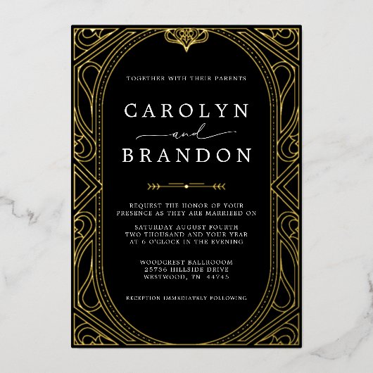 Black and Gold Ornate Elegant Wedding Folieneinladung (Vorderseite)