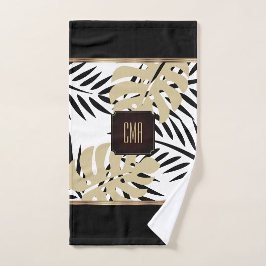 Black and Gold Palm Pattern with Monogram Badhandtuch Set (Handtuch)