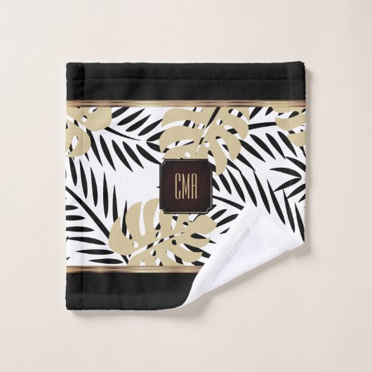 Black and Gold Palm Pattern with Monogram Badhandtuch Set (Waschlappen)