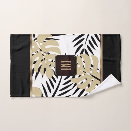 Black and Gold Palm Pattern with Monogram Badhandtuch Set (Handtuch)
