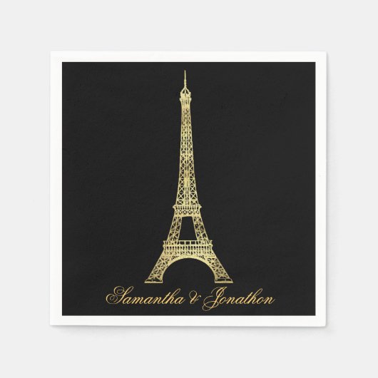 Black and Gold Pariser Eiffelturm Hochzeit Serviette (Vorderseite)