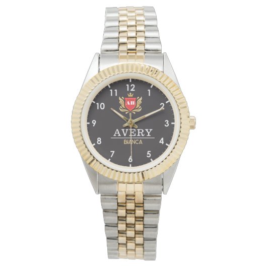 Black and Gold PCustom Royal Crest Luxury Gift Armbanduhr (Vorderseite)
