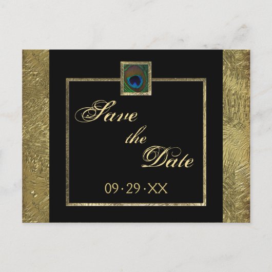 Black and Gold Peacock Feather Save the Date Card Ankündigungspostkarte (Vorderseite)