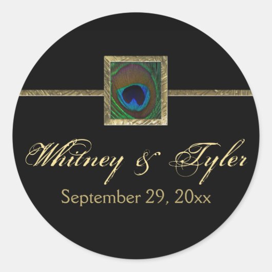 Black and Gold Peacock Feather Wedding Sticker (Vorderseite)