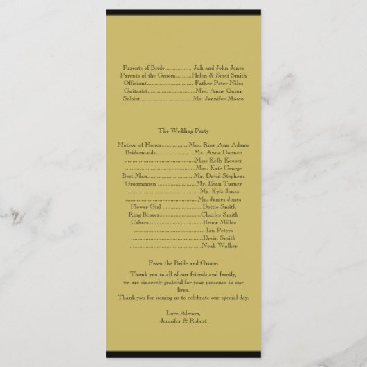 Black and Gold Piano Hochzeitsprogramm Programm (Rückseite)