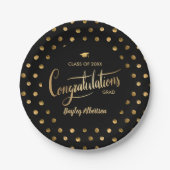 Black and Gold Polka Dot Glückwunschs Grad Abschlu Pappteller (Vorderseite)