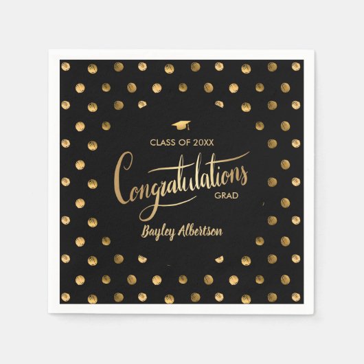 Black and Gold Polka Dot Glückwunschs Grad Abschlu Serviette (Vorderseite)