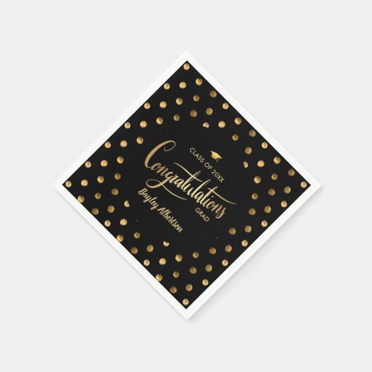 Black and Gold Polka Dot Glückwunschs Grad Abschlu Serviette (Ecke)