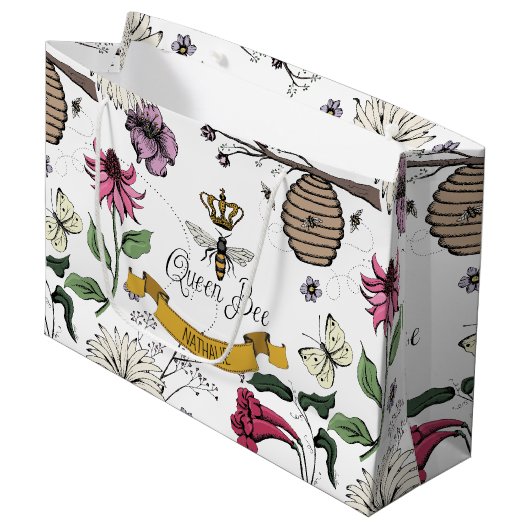 Black and Gold Queen Bee, Royal Crown & Scroll Große Geschenktüte (Vorderseite Schrägansicht)