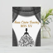 Black and Gold Quinceanera Einladung (Stehend Vorderseite)