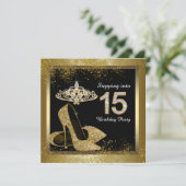 Black and Gold Quinceanera Einladung (Stehend Vorderseite)