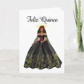 Black and Gold Quinceanera Kleid Geburtstag Karte (Vorderseite)