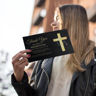 Black and Gold Religious Cross und Rosary Beerdigu Dankeskarte
