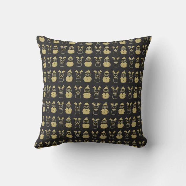 Black and Gold Rentier and Snowman Throw Kissen (Rückseite)