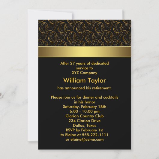 Black and Gold Rentirement Party Einladung (Rückseite)