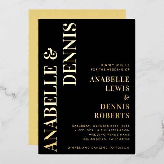 Black and Gold Retro Schriftart Minimalistisch Wed Folieneinladung (Vorderseite/Rückseite)