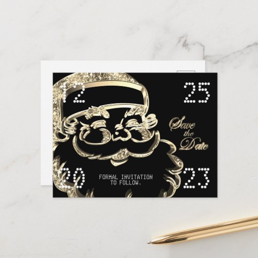 Black and Gold Santa Save the Date Weihnachts-Part Ankündigungspostkarte (Vorderseite/Rückseite Beispiel)