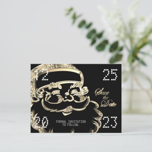 Black and Gold Santa Save the Date Weihnachts-Part Ankündigungspostkarte (Stehend Vorderseite)