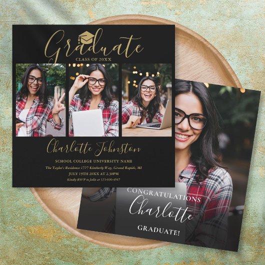 Black and Gold Script 4 Foto Graduation Party Inv Einladung