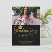 Black and Gold Script Graduation Party 2 Foto Einladung (Stehend Vorderseite)