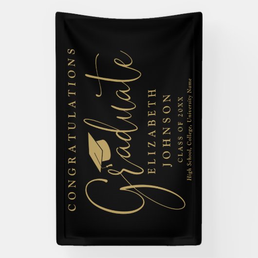 Black and Gold Script Graduation Party Banner (Vertikal)