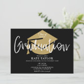 Black and Gold Script Graduation Party Einladung (Stehend Vorderseite)
