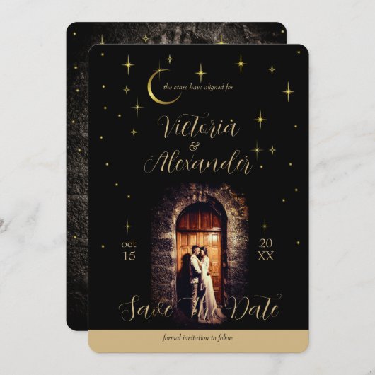 Black and Gold Script Modern Moody Whimsigoth Save The Date (Vorne/Hinten)