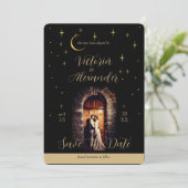 Black and Gold Script Modern Moody Whimsigoth  Save The Date (Stehend Vorderseite)
