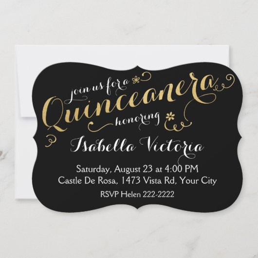 Black and Gold Script Quinceañera Einladung (Vorderseite)