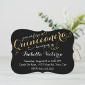 Black and Gold Script Quinceañera Einladung (Stehend Vorderseite)