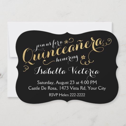 Black and Gold Script Quinceañera Einladung (Vorderseite)
