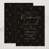 Black and Gold Script Stars Moon Celestial Wedding Einladung (Vorne/Hinten)