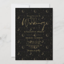 Black and Gold Script Stars Moon Celestial Wedding