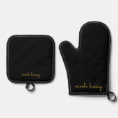 Black and Gold Script  | Stylish Monogram Modern Ofenhandschuh & Topflappen-Set (Vorderseite)