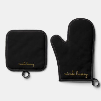 Black and Gold Script  | Stylish Monogram Modern Ofenhandschuh & Topflappen-Set