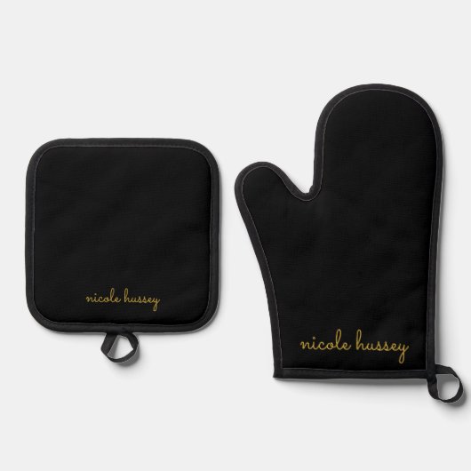 Black and Gold Script  | Stylish Monogram Modern Ofenhandschuh & Topflappen-Set (Vorderseite)