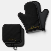 Black and Gold Script  | Stylish Monogram Modern Ofenhandschuh & Topflappen-Set (Vorderseite/Rückseite)