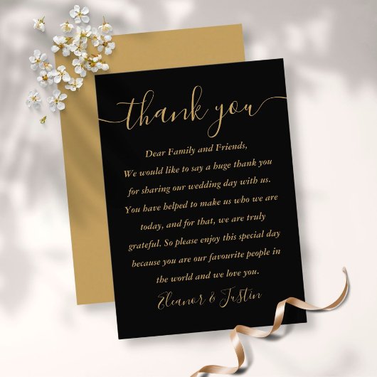 Black and Gold Script Wedding Vielen Dank Platzkarte
