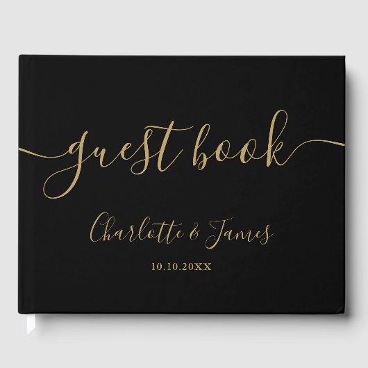 Black And Gold Signature Script Photo Wedding Gästebuch (Vorderseite)