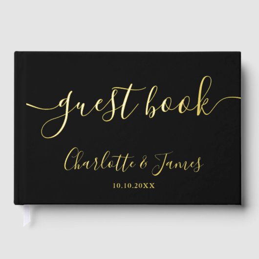 Black And Gold Signature Script Photo Wedding Gästebuch (Vorderseite)
