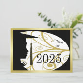 Black and Gold Silhouette 2025 Graduation Party Einladung (Stehend Vorderseite)