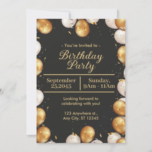 Black and Gold Simple Birthday Party Card Einladung (Vorderseite)