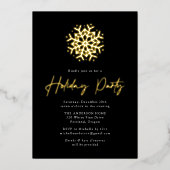 Black and Gold Simple Snowflake Holiday Party Folieneinladung (Vorderseite)