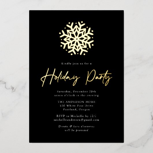Black and Gold Simple Snowflake Holiday Party Folieneinladung (Vorderseite)