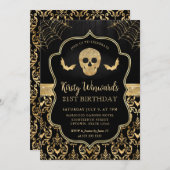 Black and Gold Skull and Bats Damask 21. Geburtsta Einladung (Vorne/Hinten)