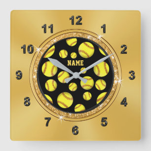 Black and Gold Softball Wall Decor Personalized Quadratische Wanduhr