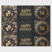 Black and Gold Sparkle Ballon Happy Birthday Geschenkpapier (Flach)