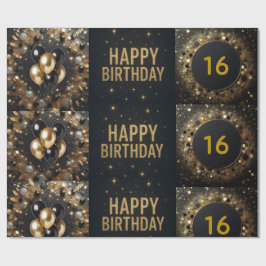 Black and Gold Sparkle Ballon Happy Birthday Geschenkpapier