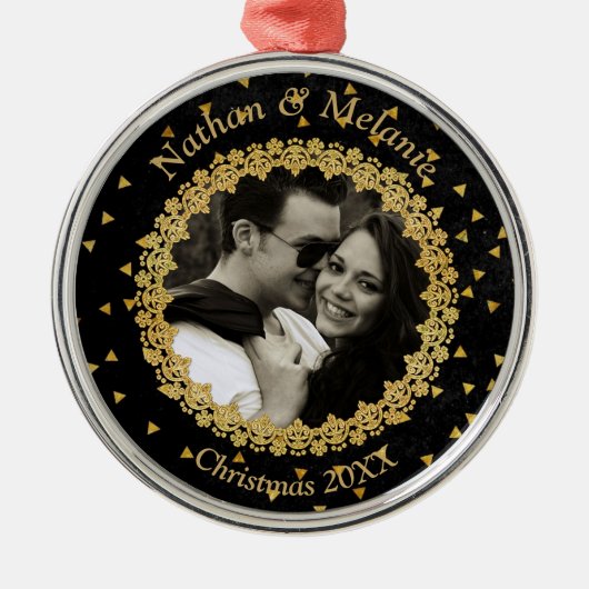 Black and Gold Sparkles Custom Photo Ornament Aus Metall (Vorne)